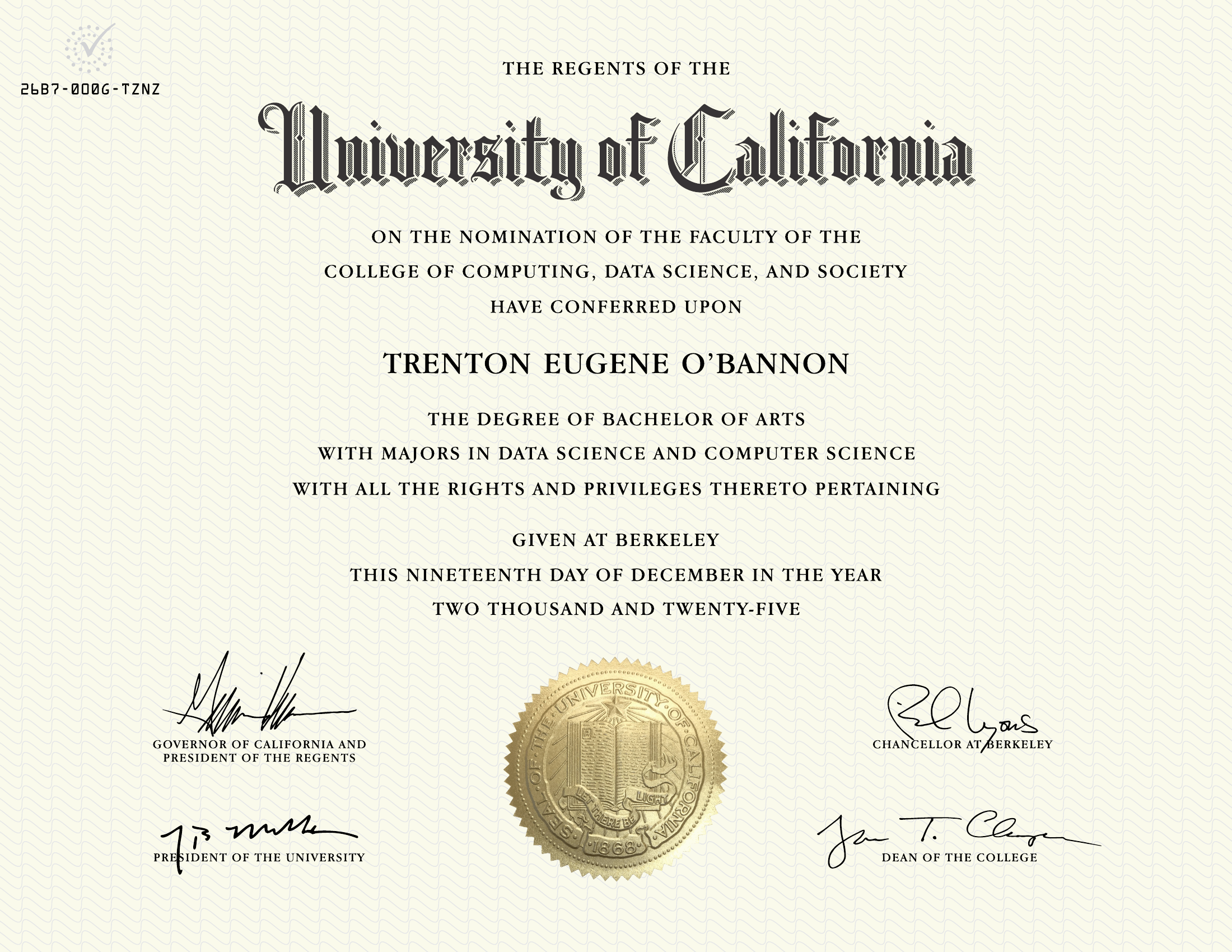 UC Berkeley Bachelor of Arts diploma